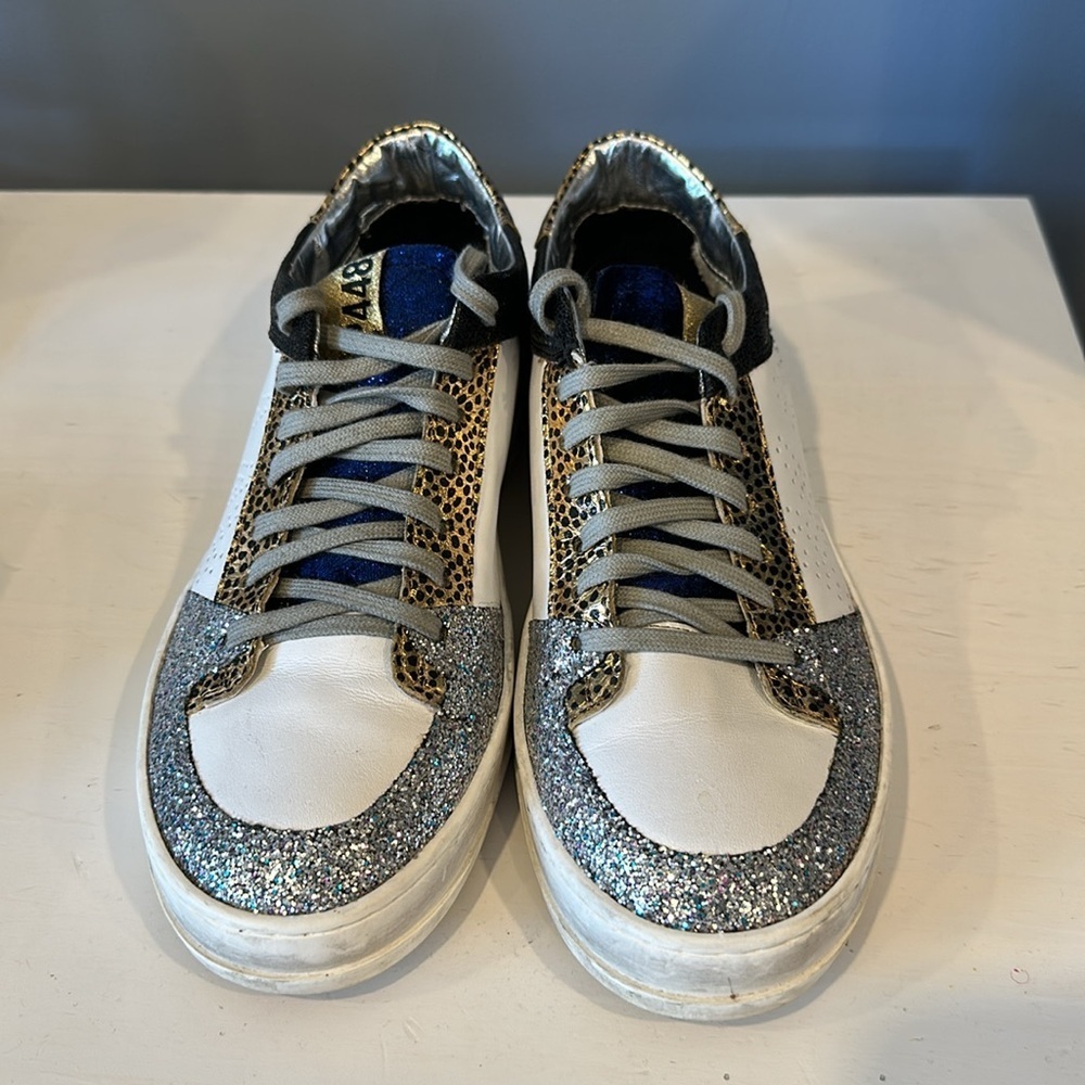 P448 John Sneakers Blue White Gold Leopard 40 - Picture 3 of 8